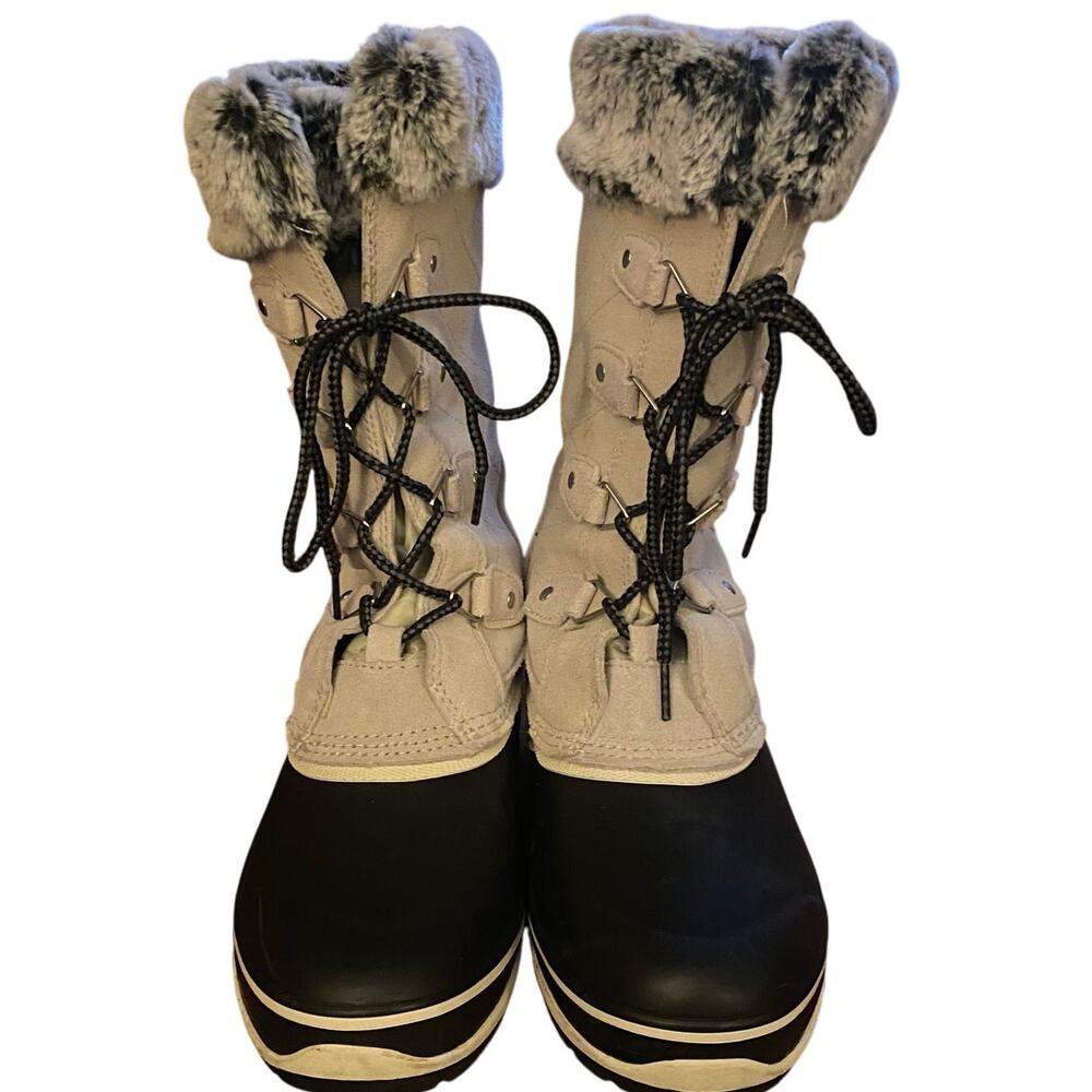 Khombu "Emily" Women Snow Boots, 8, Leather Upper, Faux Fur Trim, Gray/Blk, Duck